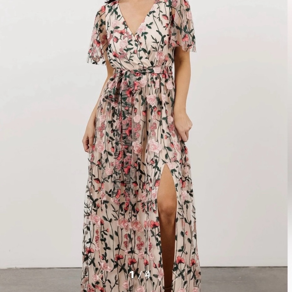 Baltic Born Pink Floral Maxi Dress with Green Embroidery